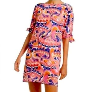 Trina Turk Vinet Coral Fusion Split Tie Sleeve Dress XS Orange Pink Purple